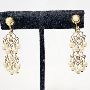 Dangle Drop Earrings Gold Tone Open Work Tiny Pearlesque Beads